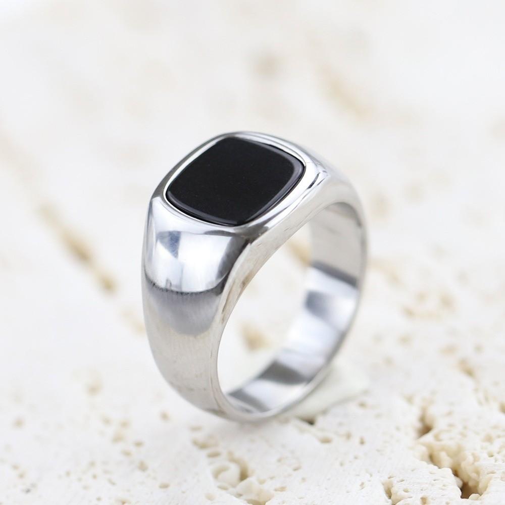 Square Retro Black Rings Silver Black Glass Stone Rings Black Stone Square Ring Funerals