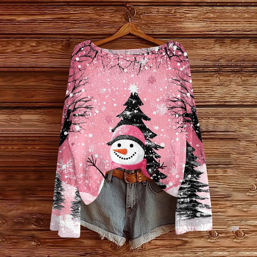 Women's Fashion Christmas Print Lightweight Sweater Casual Long-Sleeve Knit Pullover Top