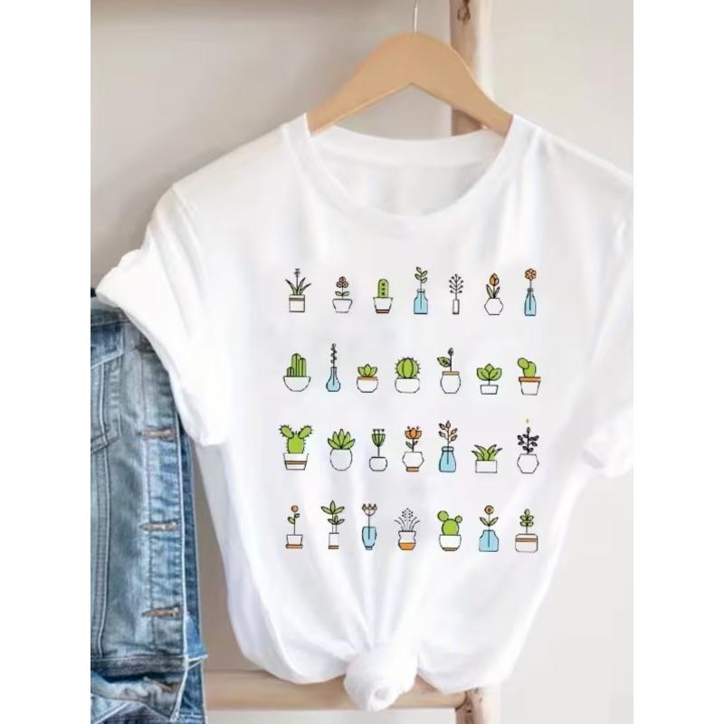 Unisexs Minimalist Potted Plants Graphic Tee Cute Line Art Succulent Print Soft Crew Neck Short Sleeve Casual Summer Shirt