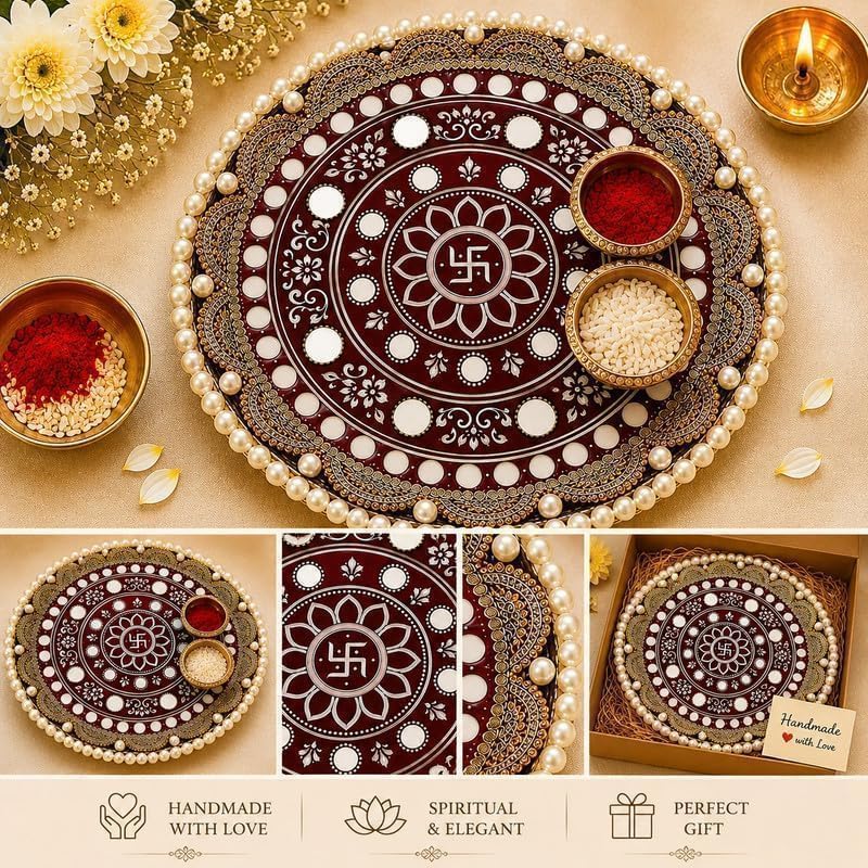 Handcrafted Mirror Work Pooja Thali – Decorative Aarti Plate for Diwali, Karwa Chauth, Navratri