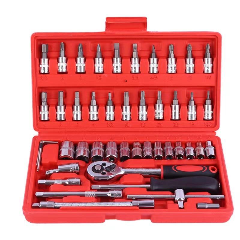 46Pcs 1/4-Inch Drive Ratchet Wrench Metric Socket Wrench Set Portable Auto Mechanical Repair Tools Motorcycle Accessories