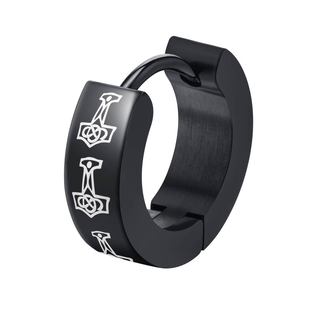 Black Viking Thors Hammer Earrings for Men Boys, Waterproof Stainless Steel Hoop Huggie Earring Jewelry, brincos masculinos