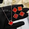 Women Jewelry Set Red Agnate Four Leaf Clover Necklace Ring Earrings Bracelet Natural Red Carnelian Luxury Gift