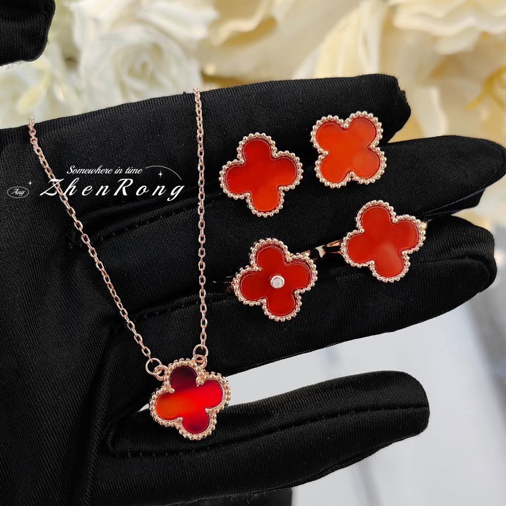 Women Jewelry Set Red Agnate Four Leaf Clover Necklace Ring Earrings Bracelet Natural Red Carnelian Luxury Gift