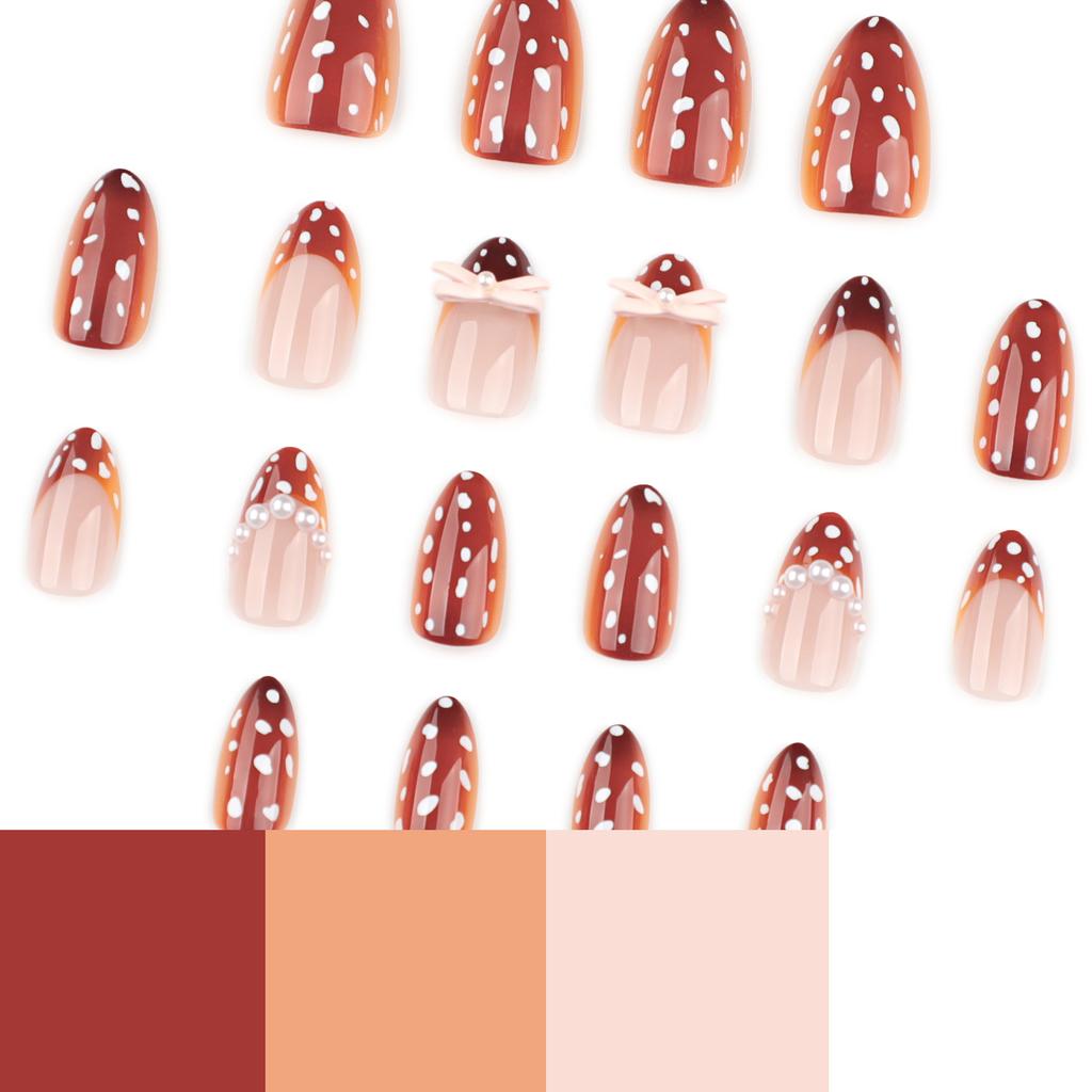 Autumn Brown Manicure Wearing Nail Piece Short Almond Nail Piece White Polka Dot Dot Fake Nail Piece