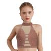 Girls Latin Dance Crop Top Halter Sleeveless Crisscross Back Mesh Patchwork Sparkling Rhinestones Vest