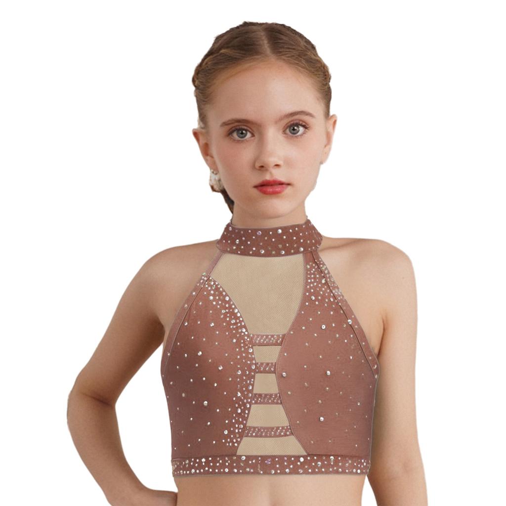 Girls Latin Dance Crop Top Halter Sleeveless Crisscross Back Mesh Patchwork Sparkling Rhinestones Vest