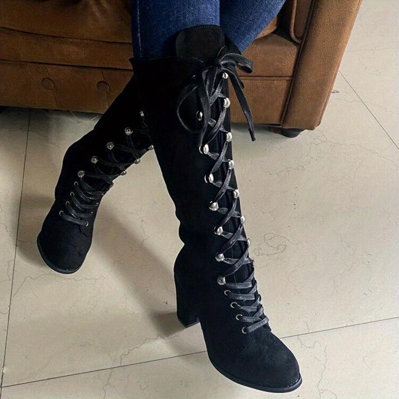 Damen Kniehohe Stiefel - Schnürstiefel mit Rundem Zehenpartie, Lässige Stiefel mit Blockabsatz, Wildleder Obermaterial & Robuste Gummisohle, Bequeme Winterstiefel