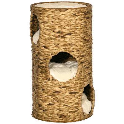 Cat Cave with 3 Levels, 3 Entrances, Boho Design, Incl. Cushion, 40 Cm X 40 Cm X 73 Cm, Light Brown + Cream White