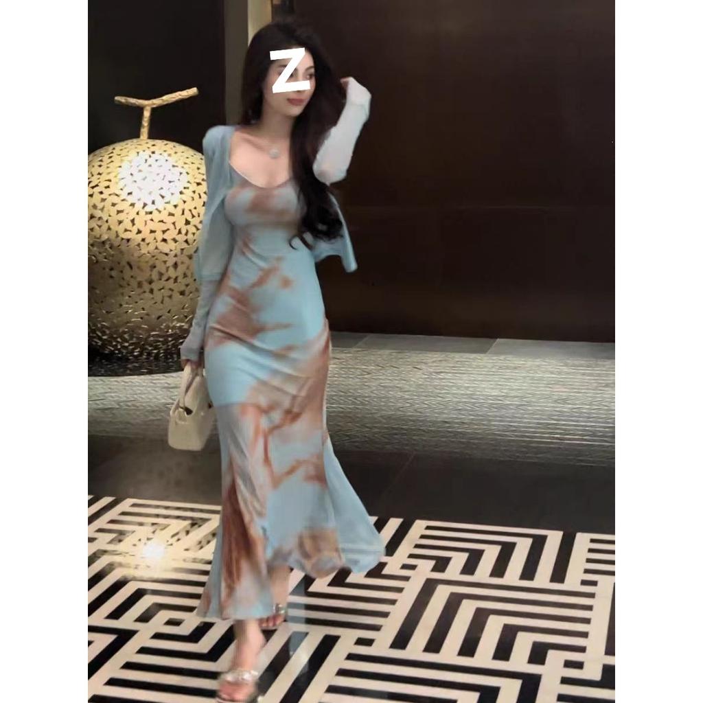 Large Size Royal Sister Sexy Hip-wrapped Long Dress Female Summer Slightly Fat Mm Waist and Thin French Temperament Tie-dye Suspender Dress