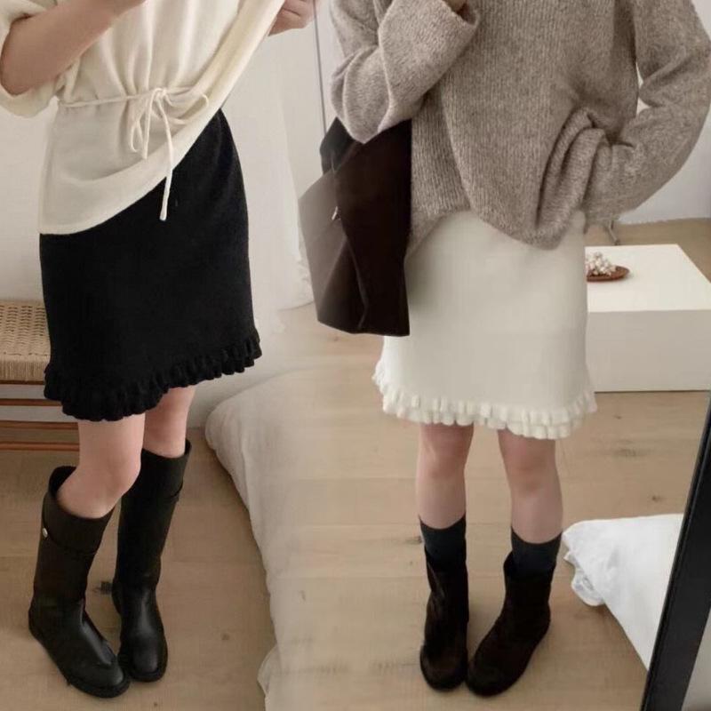 Autumn/Winter Maternity Knit Wool Midi Skirt - Slimming A-Line with Ruffle Hem L абрикосовый