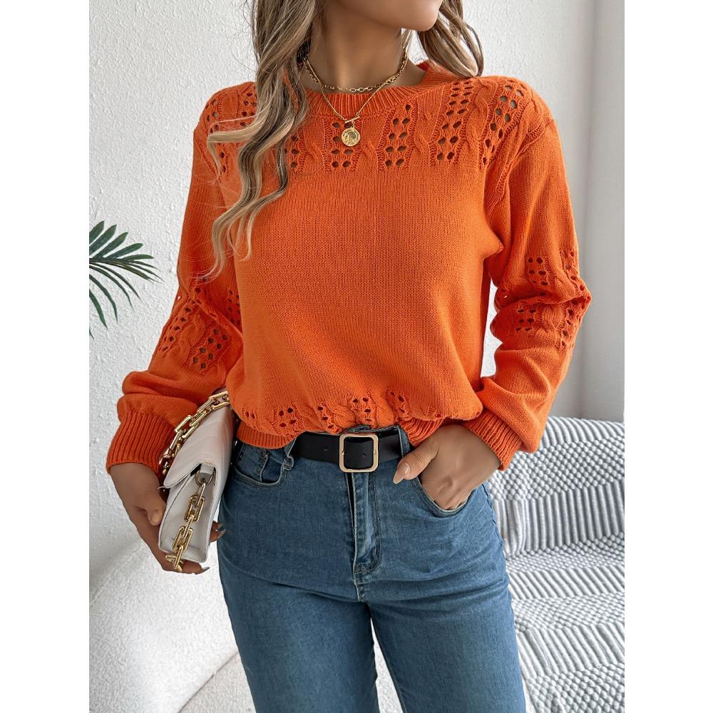 Women's Sweatshirt Casual Solid Colour Openwork Lantern Sleeve Pullover Knit Top