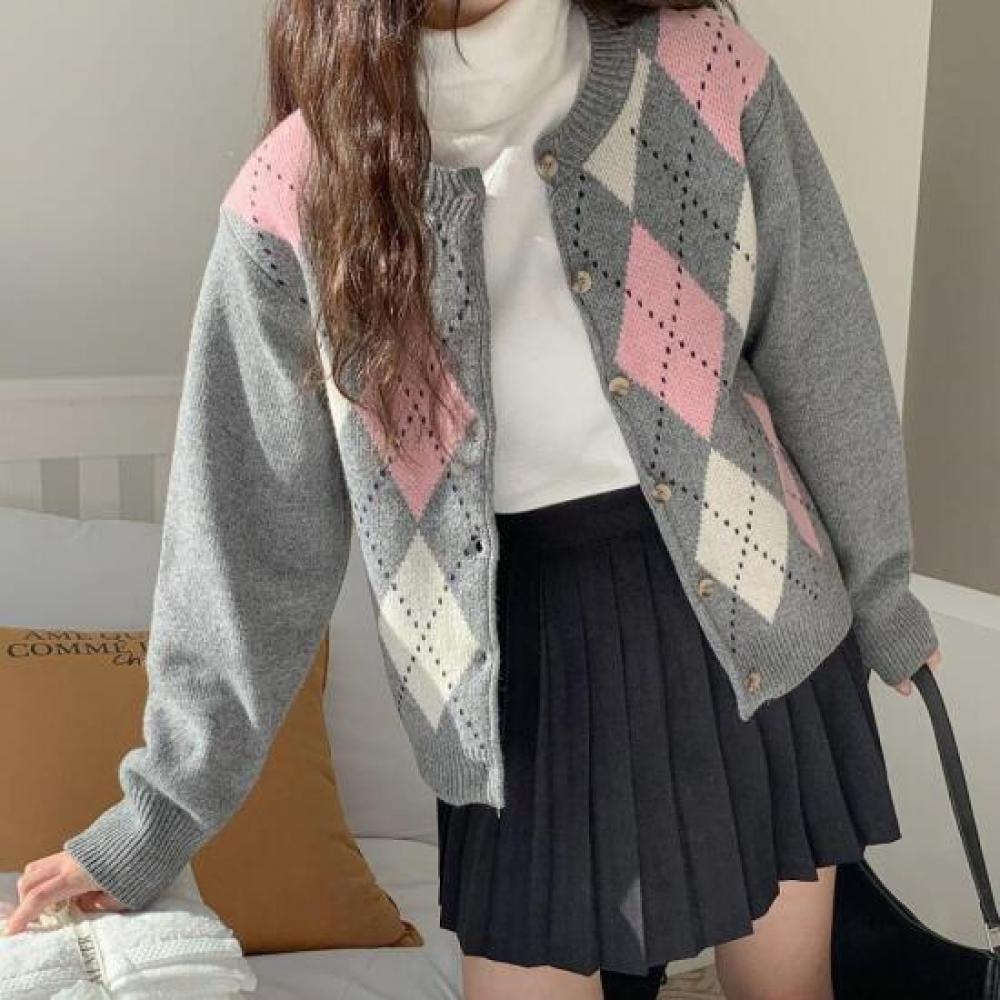 New Arrivals Open Run Argyle Cardigan Round Neck Rib Wool Knit