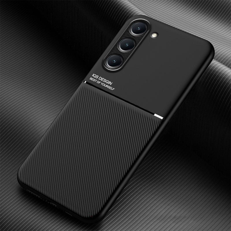 

For Samsung Galaxy S23+ Lines Imprinted Phone Case PU Leather+TPU Anti-drop Cover with Built-in Metal Sheet Black