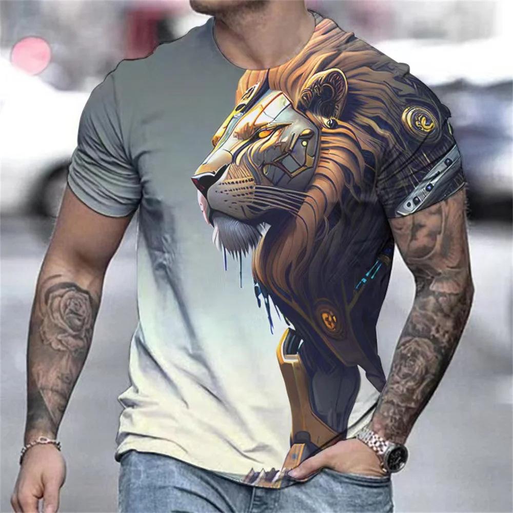Fashionable Animal Lion Pattern 3D Digital Printing Men's Round Neck Short Sleeved T-shirt