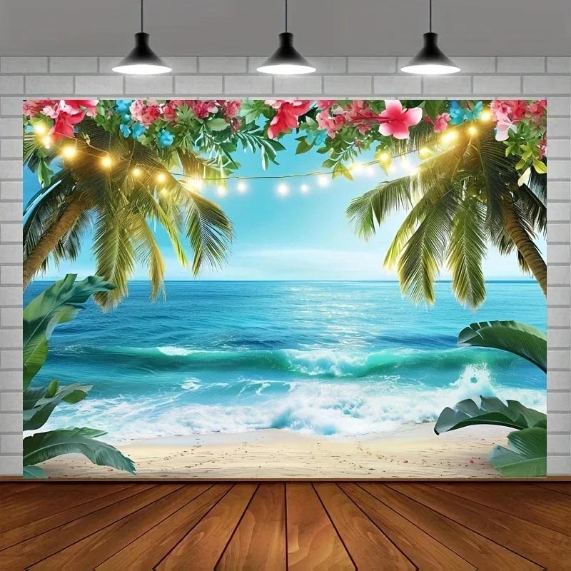 Hawaii Beach Background - Tropical Palm Flower Ocean Studio Luau Party Props and Summer Decoration, Wall Decoration
