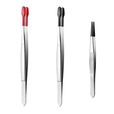 3Pcs/set Rubber Coated Tweezer Stainless Steel Flat Tip and Tip Tweezer Long Bent Tweezer Replacement Accessories