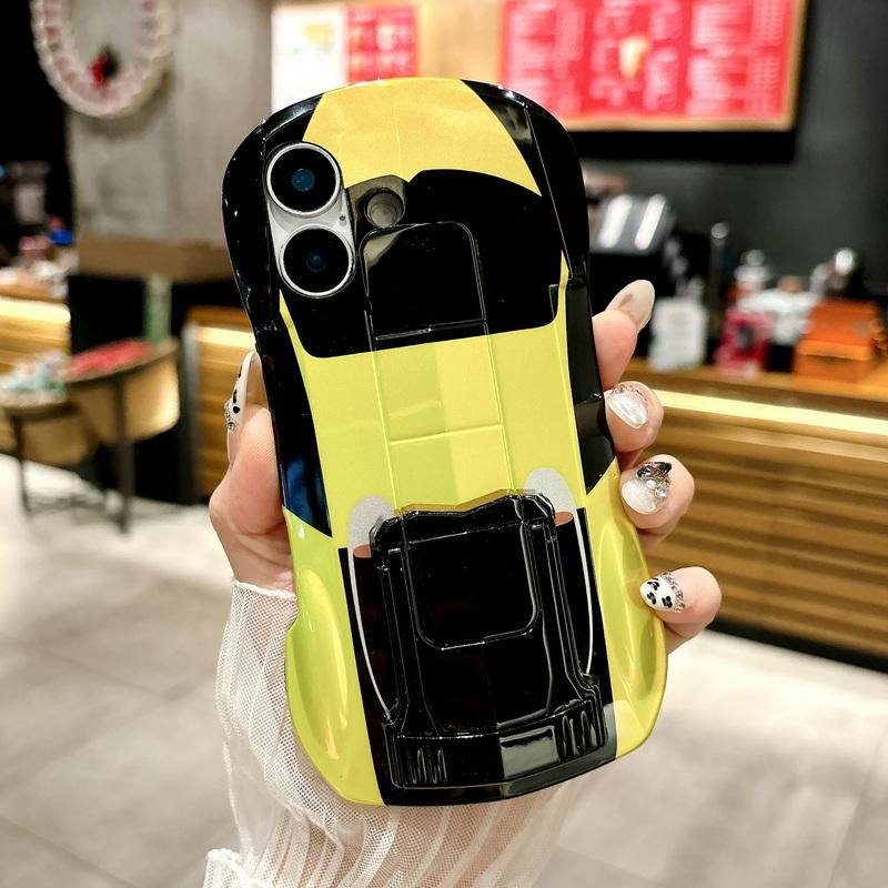 3D Car Shape Cool Glossy Phone Case For iPhone 16 Pro Max 15 Pro 14 13 12 11 Slim Hard PC Hybrid Silicone Soft Edge Shockproof Bracket Back Cover