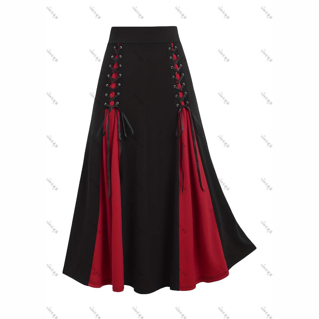 

Plus Size European & American Fashion High Waist A-line Skirt with Color Blocking, Lace-up Design, Buttonholes, & Lace Patchwork 4XL червоний
