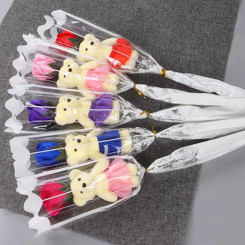 5Pcs Rose Bear Artificial Flowers Bouquet For Valentine'S Day Diy Gift Ornament Wedding Decoration Party Supplies Home Decor