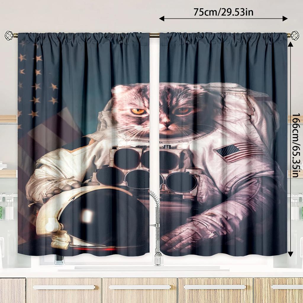 2pcs - Space cat pattern printed curtains   pole bag curtains   bedroom and living room   home decoration   room decoration