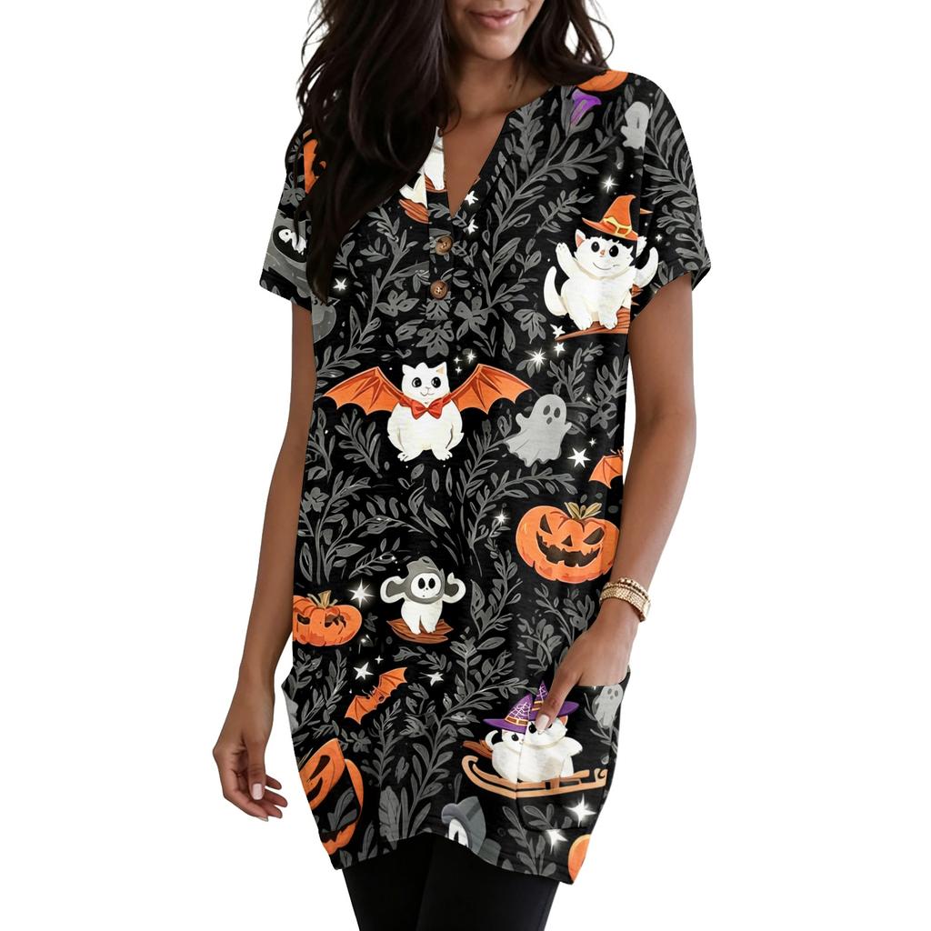 Women's V Neck Halloween Print Short Sleeve Pullover Dress with Pocket Casual Loose Fit Tunic Dress for Daily Wear