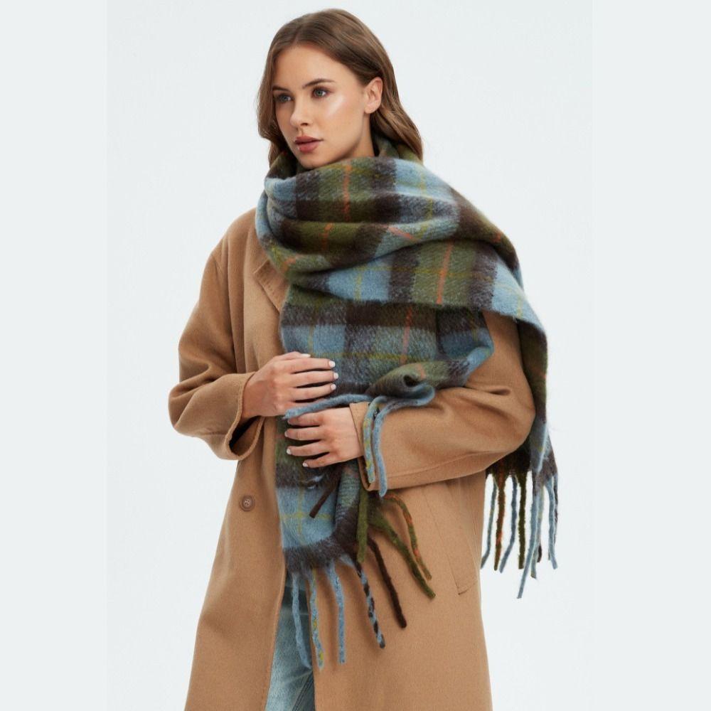Long Plaid Wool Scarf Plush Winter Cashmere Scarves Simple Rainbow Tassel Shawl Women/Men