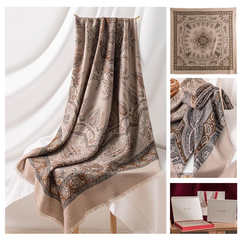 Vintage Printed Silk Wool Scarf 140x140cm Dual-use Shawl Wrap Sun Protection Warmth