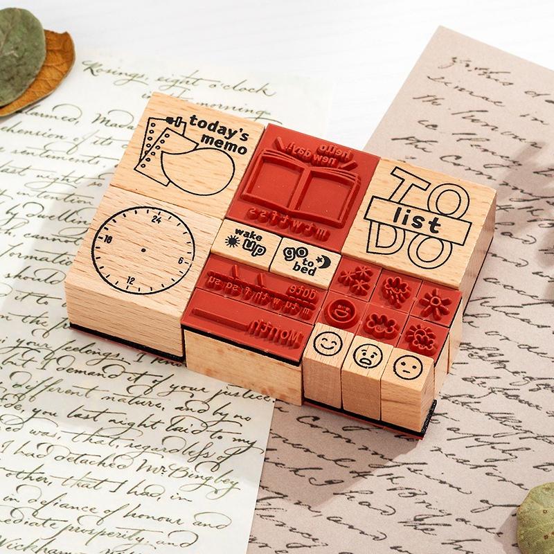 Office School Supplies Wooden Time Seal Set Box Week and Month Digital Handbook Cross Border Date Planning Time Assorted Stamp