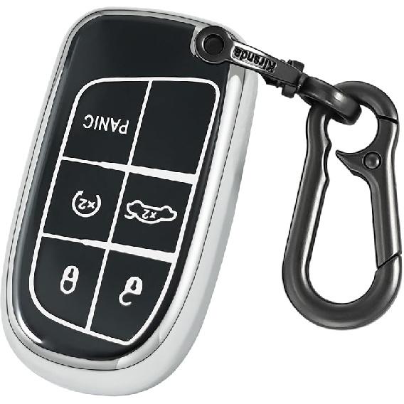 for Jeep Key Fob Cover with keychian,TPU Protection Key Case Compatible with RAM Grand Cherokee Renegade Chrysler Durango Journey Smart Remote