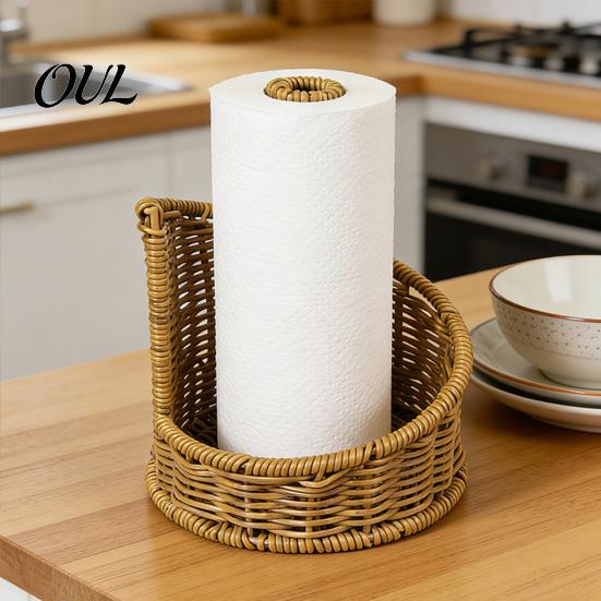 Office Paper Towel Organizer Imitation Rattan Toilet Holder, Round Woven Dispenser, Sturdy Roll Support Boho Tissue for Bathroom Countertop