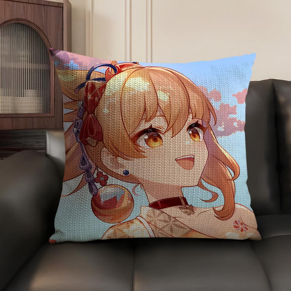 Yoimiya Genshin Impact Cute Cushion Cover Natural Linen Organic Fabric DoubleSided Printing Sofa Home Decor Gift Pillow Case