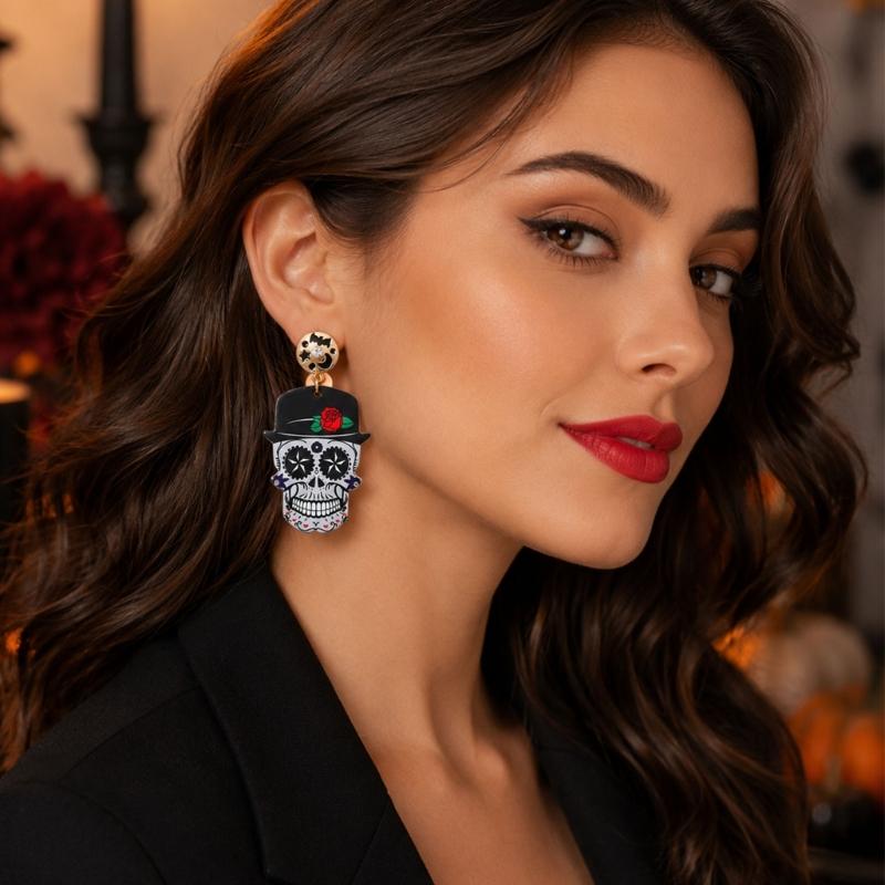 Halloween Acrylic Skull Drop Dangle Earrings Pair, Statement Jewelry for Party Outfits, Costume Wear and Seasonal Styling