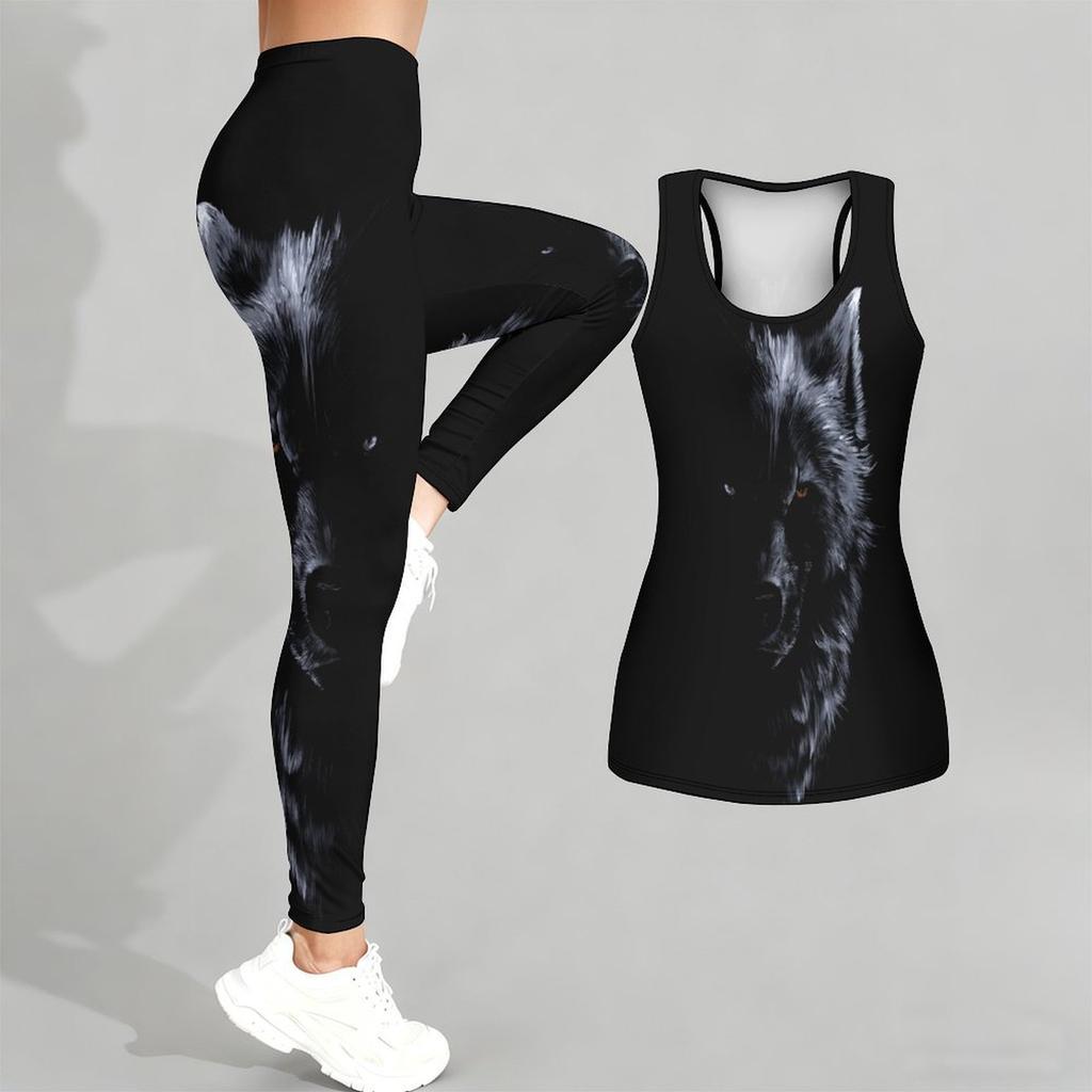 Wild Wolf Pattern Print Yoga Outfit for Women Fashion Workout Leggings Fitness Sports Casual Yoga Set Sports Suit