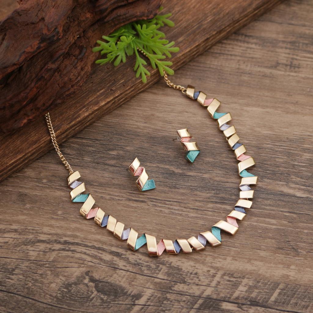 New enamel color spiral geometric line stud earrings necklace set, women's exaggerated geometric stud earrings necklace