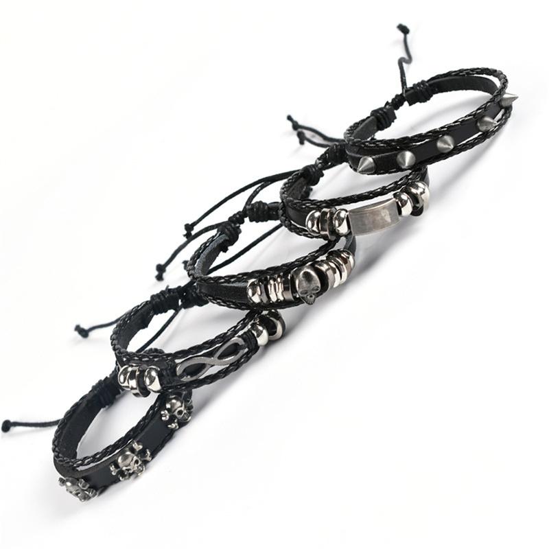 Vinatge Gothic Punk Skull Star Metal Multilayer Leather Men Bracelets & Bangles