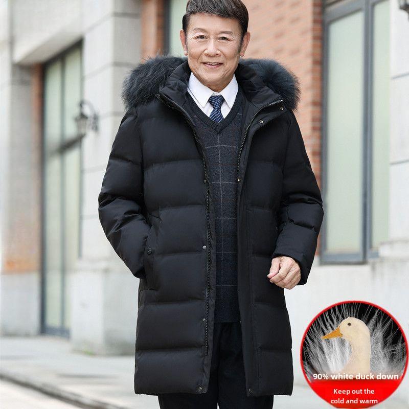 

Мужская куртка-пуховик для людей среднего и пожилого возраста, средней длины, утепленная, с теплым меховым воротником, зимнее пальто нового стиля, одежда для защиты от холода 2XL