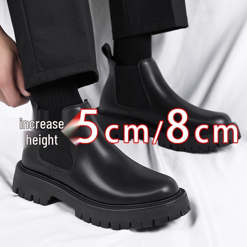 Herren Chelsea Boots im britischen Stil: Dicksohlige, höhenerhöhende, Echtleder, Slipper, mittelhoher Schaft, Herbst/Winter Martin Boots.
