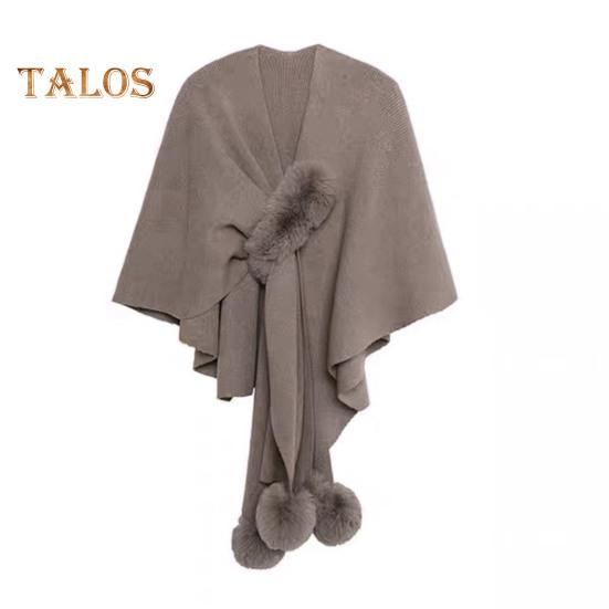 Damen-Umhang, Schal, V-Ausschnitt, einfarbig, Plüsch-Ball-Dekor, Kreuz-Design, warm, vielseitiger Strickschal, Alltagskleidung