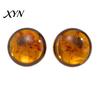 Natural Amber Color Earrings 1 Pair Stud for Women, Large Round Resin with Autumn Winter Matte Metal Edges, Exaggerated Geometric Daily Wear
