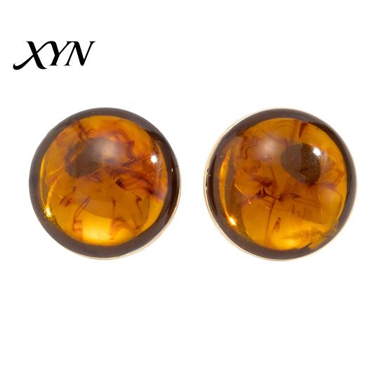 Natural Amber Color Earrings 1 Pair Stud for Women, Large Round Resin with Autumn Winter Matte Metal Edges, Exaggerated Geometric Daily Wear