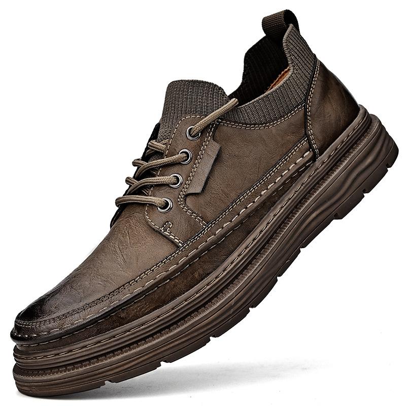 Leather shoes men's 2025 autumn new leather casual men's shoes soft-soled lace-up socks versatile British style block shoes