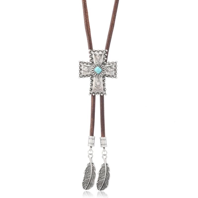 Men's Rodeos Western Leather Cord Bolo Tie Antique Floral Stone Jewelry Cowboy Necktie Necklace with Feathered Pendant