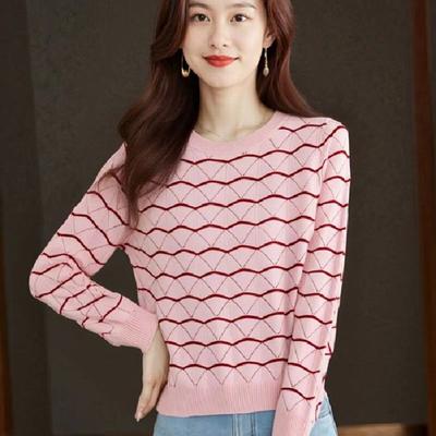 A Girlish, Color-blocking, Wavy Long-sleeved Knitted Sweater for Women In Autumn, Sweet and Youthful, Loose and Versatile Top