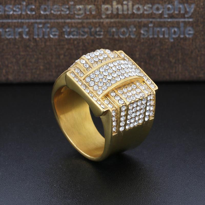 Hip Hop Gold Color Full Zircon Finger Rings For Men Larger Pentagram Ring Stainless Steel Women Charm Party Jewelry Accessory