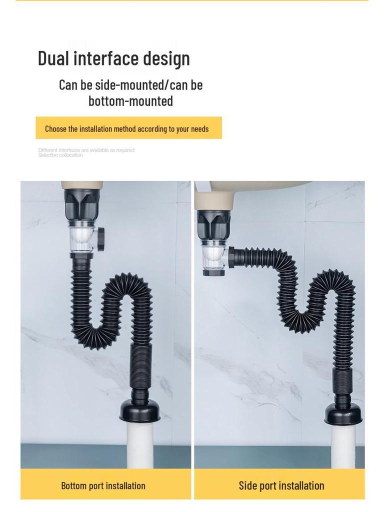 Wall-Mounted Anti-Odor Bathroom Sink Drain Set - Stainless Steel Basin Pipe and Horizontal Drainer.