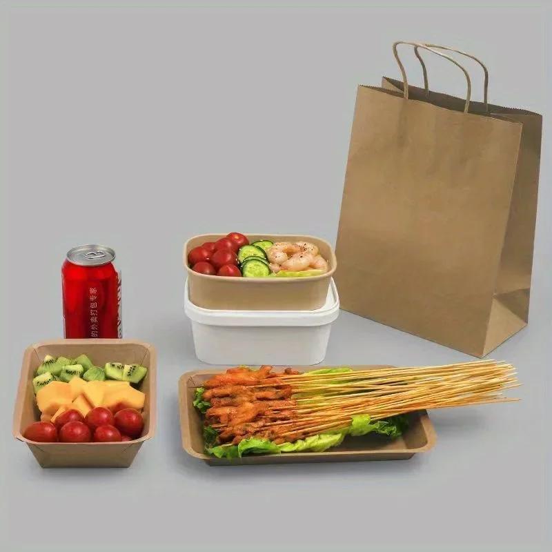 10 Pcs Rectangular Kraft  Paper Box, Disposable Paper Lunch , Takeout , Packaging Box, Bento Bowl for Going Out