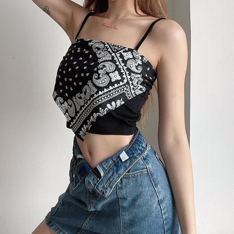Canotta da donna con stampa paisley stile street, vestibilità aderente, top corto estivo