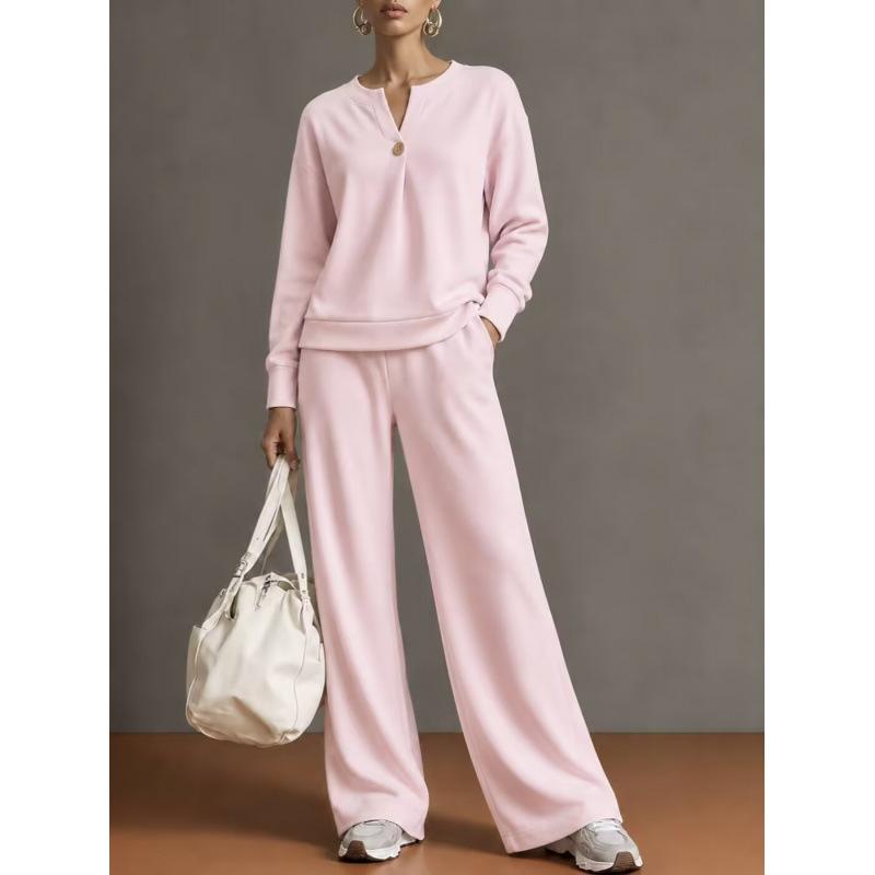 Women's 2 Piece Outfit Notch V Neck Henley Top and Wide Leg Pants Set Casual Solid Color Loungewear