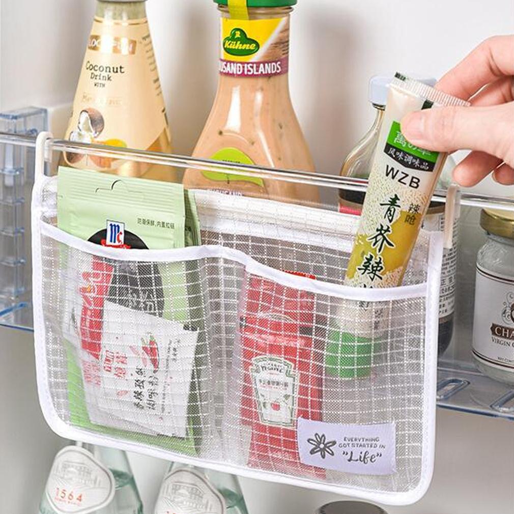 1Pc Kühlschrank Lagerung Mesh Tasche Küche Organisatoren Tragbare Gewürz Lebensmittel Snacks Net Tasche Doppel Fach Hängen Tasche Weiß Blau